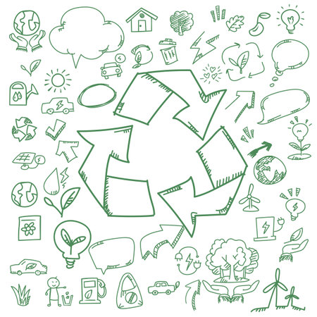 A vector file background featuring ecology-themed doodle drawings.のイラスト素材