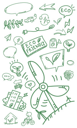 A vector file background featuring ecology-themed doodle drawings.のイラスト素材