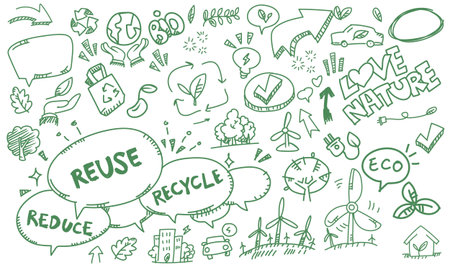 A vector file background featuring ecology-themed doodle drawings.のイラスト素材
