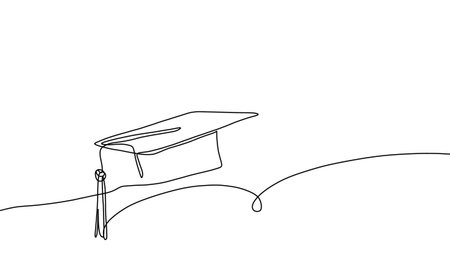 This picture of a graduated hat, drawn entirely by hand on a tablet, is a continuous line doodle imagined and transformed into a vector file, created without the use of AI.のイラスト素材