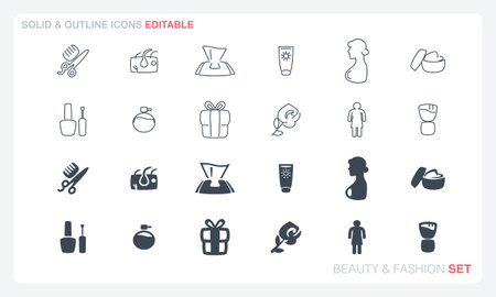 A vector file featuring solid and outline icon sets with a beauty and fashion theme.のイラスト素材