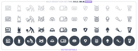 Featuring thin outline, bold, solid, and negative icons on a dark button, this fully editable vector icon file is ideal for music-themed projects.のイラスト素材