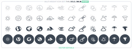 Featuring thin outline, bold, solid, and negative icons on a dark button, this fully editable vector icon file is ideal for weather and disaster-themed designs.のイラスト素材
