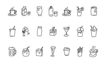This vector file features a doodle-style icon set themed around beverages.のイラスト素材