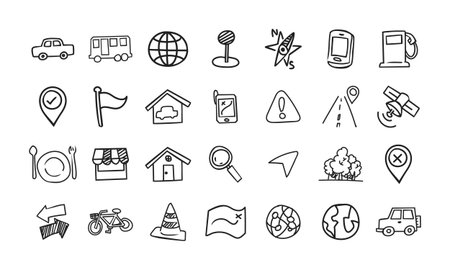 A set of doodle-style vector icons themed around navigation and maps.のイラスト素材