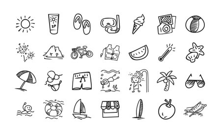 A set of doodle-style vector icons themed around summer and the beachのイラスト素材