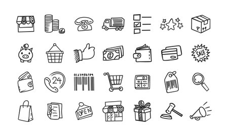 A set of doodle-style vector icons themed around e-commerce and online shopping.のイラスト素材