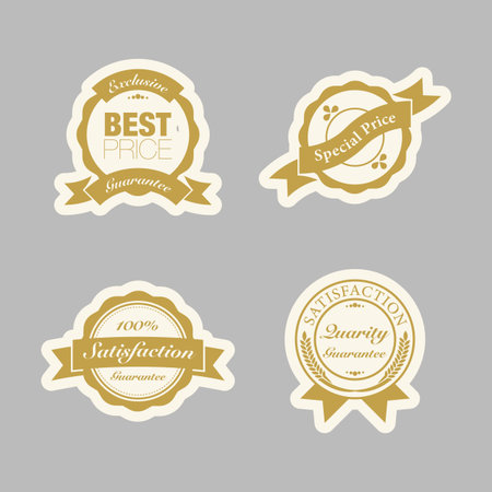 A collection of vintage-style vector badges with text like Guaranteed, Authentic, and others, ideal for use on commercial products.のイラスト素材