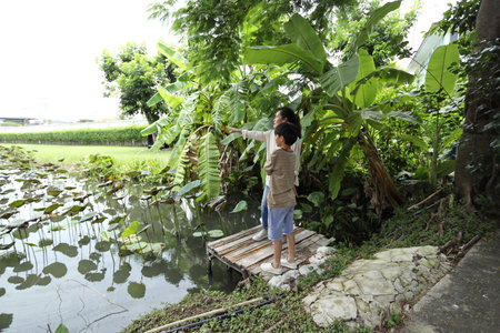 A Southeast Asian single mother spends time with her child in the park, engaging in nature-based learning activities, such as teaching about plants, insects, and the natural environment.の写真素材