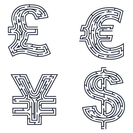 A series of currency symbol mazes, dollar, euro, yen, pound, metaphors for the complexity of global finance and navigating economic decisions.のイラスト素材