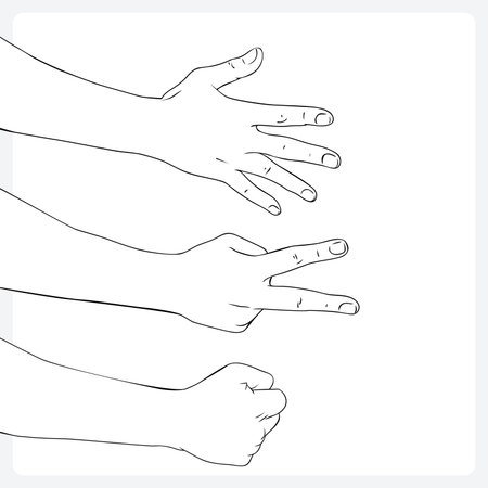 The vector file shows hands displaying rock, paper, and scissors.のイラスト素材