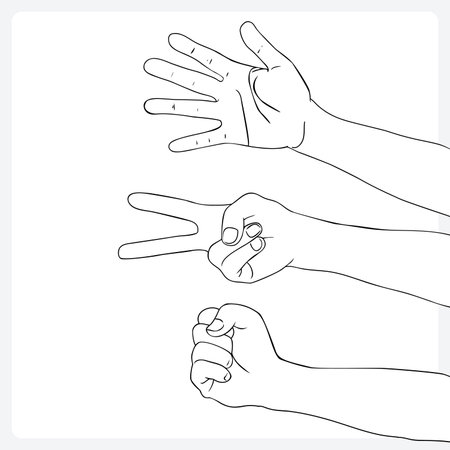 The vector file shows hands displaying rock, paper, and scissors.のイラスト素材