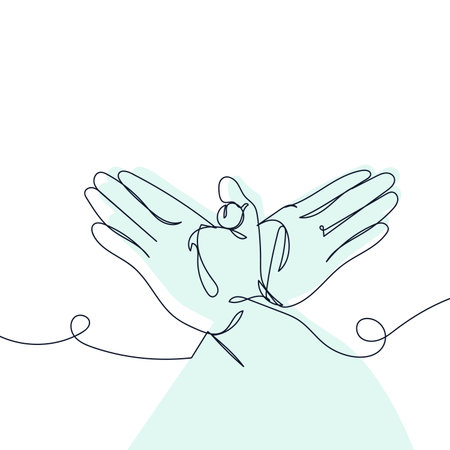 The vector file features a continuous contour line style of a hand creating animal shadow puppets.のイラスト素材