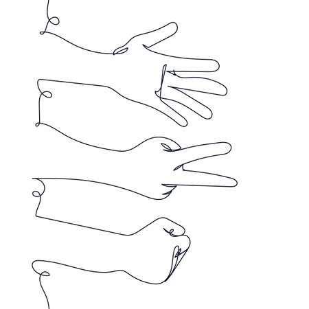 The vector file features a continuous contour line style of hands showing rock, paper, and scissors.のイラスト素材