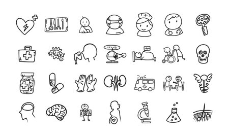 A collection of doodle-style vector icons themed around hospitals and medicine.のイラスト素材