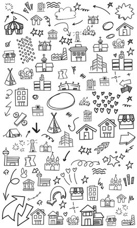 The doodle background in the vector file features a building icon theme.のイラスト素材