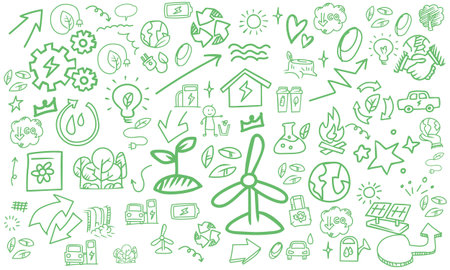 The doodle background in the vector file features icons themed around clean energy and the environment.のイラスト素材