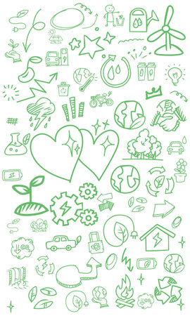 The doodle background in the vector file features icons themed around clean energy and the environment.のイラスト素材