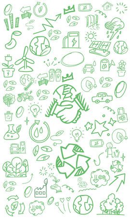 The doodle background in the vector file features icons themed around clean energy and the environment.のイラスト素材