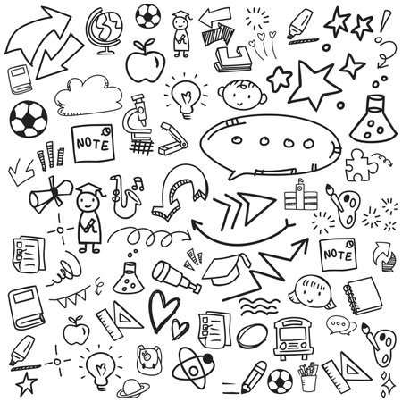 The doodle background in the vector file features icons themed around education.のイラスト素材