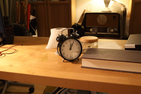 Vintage alarm clock showing midnight on a wooden desk with books in warm lighting.