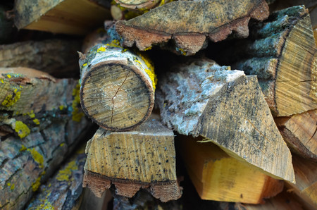 Natural wooden background - closeup of chopped firewood. Firewood stacked and prepared for winter...