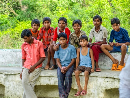 Amroha, Uttar Pradesh, INDIA - 2011: Indian children of slams smilimg boysのeditorial素材