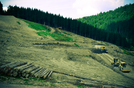 Deforestation environmental problem, forest destroyed for building resort, Bukovel, Ukraineの写真素材