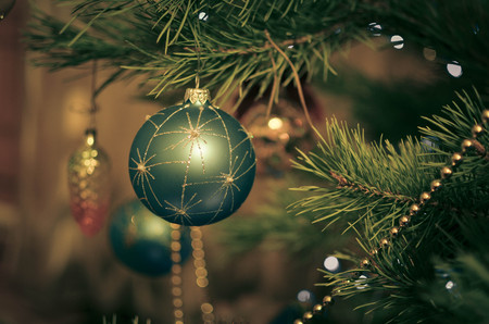 Christmas decorations on the branches of new year treeの写真素材