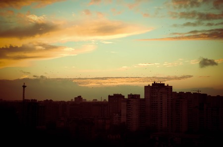 Time lapse of sun setting over skyline of Kyiv, Ukraineの写真素材