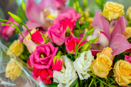 Bouquet with orchids and roses on a beautiful background closeupの写真素材