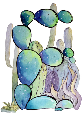 Watercolor illustration with cactus. background with Letter - E. Cool print on T-shirt. Vintage. Letteringの写真素材