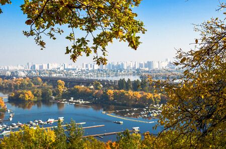 Panoramic view of district Podil and the Dnipro river in Kyiv at autumnの写真素材