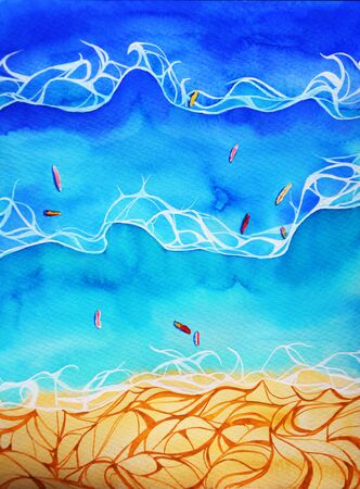 sea and beach view from above, hand drawn watercolor summer background with boatsの写真素材