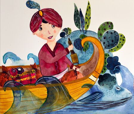 Watercolor Sinbad the sailor with whaleの写真素材