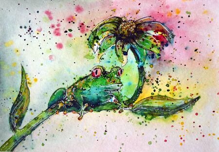 Frog on a flower chamomile with colorful watercolor spotsの写真素材