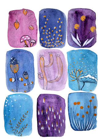 Hand Painting Abstract Watercolor Geometric Shapes Brush Strokes with Doodle Flowers Leavesの写真素材