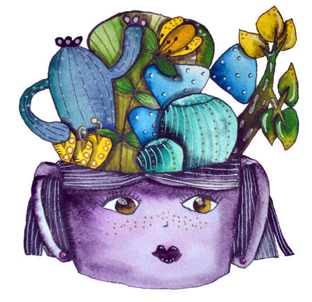 Succulent plant in a cup with a smiled face, Children's illustration for the decoration on a white backgroundの写真素材