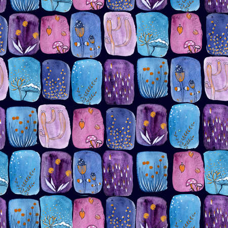Hand Painting Abstract Watercolor Geometric Shapes Brush Strokes with Doodle Flowers Leaves Seamless Pattern Isolated on dark Backgroundの写真素材