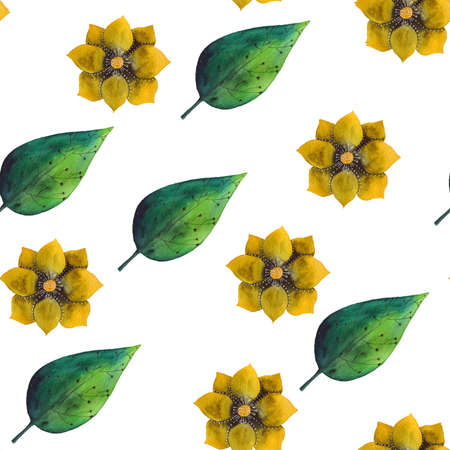 Seamless floral pattern. Yellow flower and green leaf on a white background, watercolor, inkの写真素材