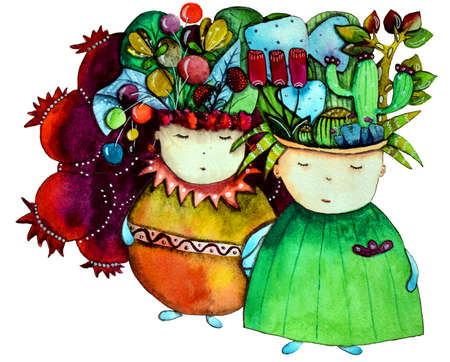 Couple with different plants and flowers watercolor illustrationの写真素材