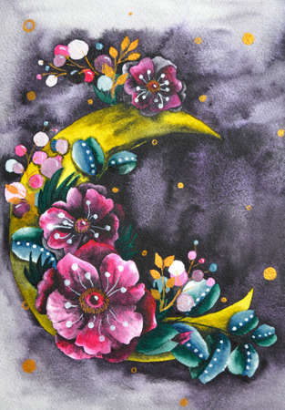 Crescent moon with flower composition. Trendy Bohemian style watercolor illustration with pink anemones, and leaves on dark blue backgroundの写真素材
