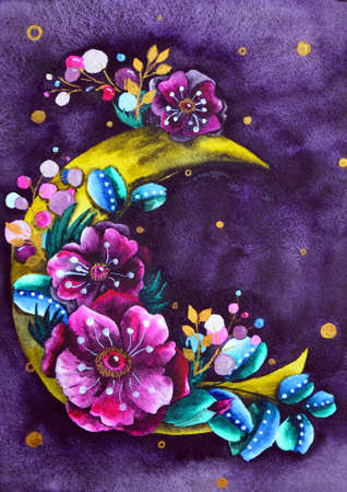 Crescent moon with flower composition. Trendy Bohemian style watercolor illustration with pink anemones, and leaves on dark blue backgroundの写真素材