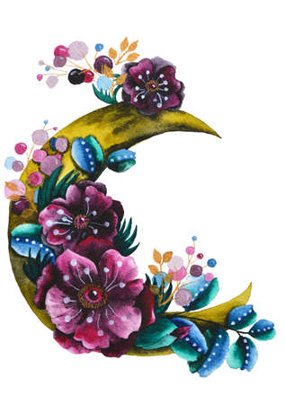 Crescent moon with flower composition. Trendy Bohemian style watercolor illustration with pink anemones, and leavesの写真素材