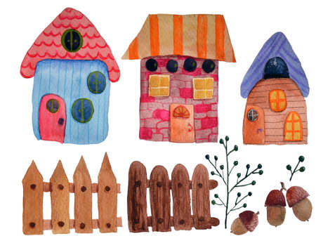 Set of old houses isolated on white. Watercolor hand painted illustrationの写真素材