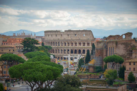 Panorama of Rome city with ancient buildings and treesの写真素材