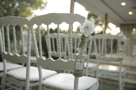 white flower on white chairの写真素材