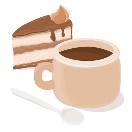 Cup of coffee and a piece of cake Isolated on white background.のイラスト素材