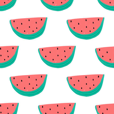 Watermelon on a white background. Seamless cute pattern. Cartoon vector. Wrapping paper pattern....