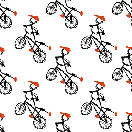 Bmx stunt cyclists. Old school bike. line drawing of young BMX. seamless pattern. flatland bmx.のイラスト素材